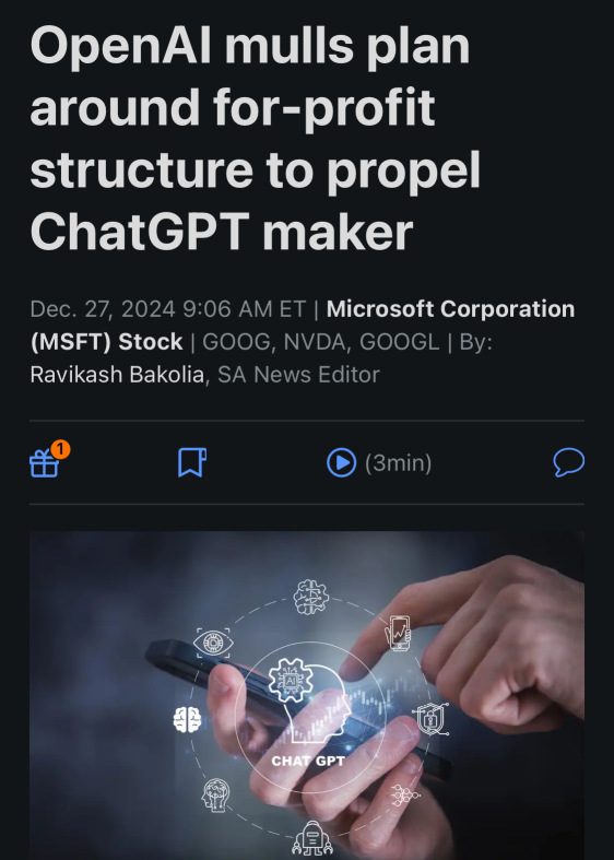 OpenAI is considering a plan regarding the for-profit structure to promote the maker of ChatGPT.