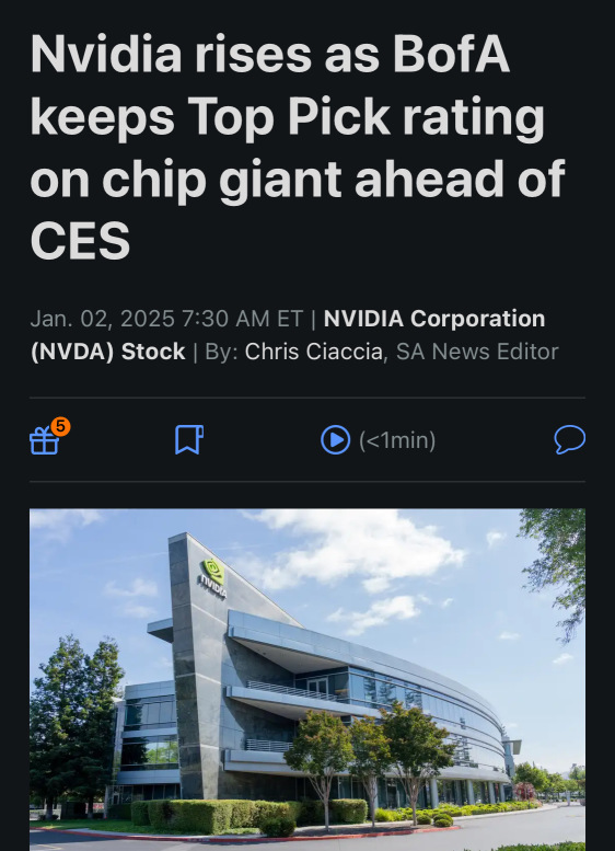 Bank of America maintained the top pick rating of chip giant NVIDIA ahead of CES, and stock prices rose