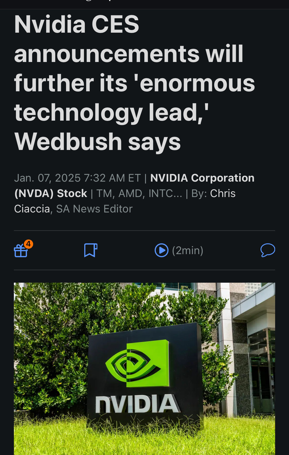 ウェドブッシュ氏は、NvidiaのCES発表は同社の「大きな技術的優位性」をさらに高めると語る