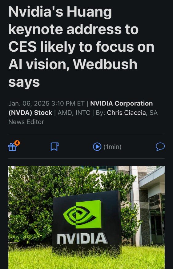 Wedbush announced that NVIDIA's keynote speech at CES by Huang could likely focus on the AI vision.