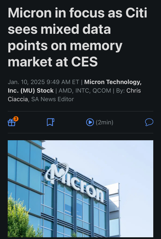 Citi confirms various data points related to the memory market at CES and focuses on Micron