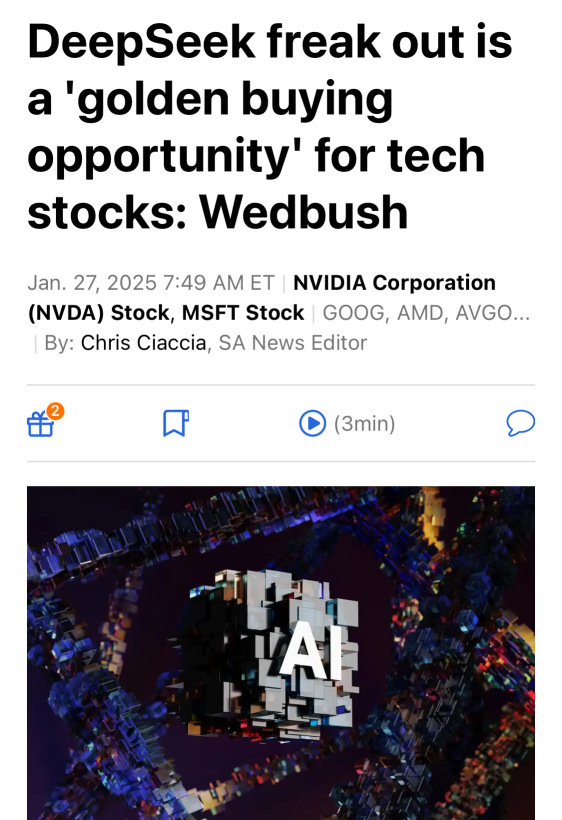 The crash of DeepSeek is a "great buying opportunity" for tech stocks: Wedbush.