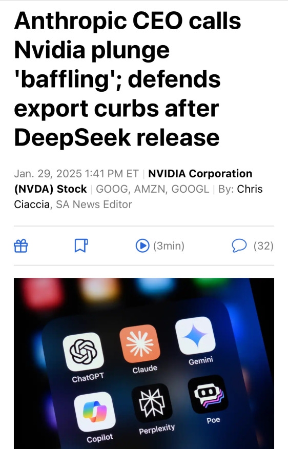 The CEO of Anthropic called NVIDIA's sharp decline "inexplicable" and defended the export restrictions after the release of DeepSeek.