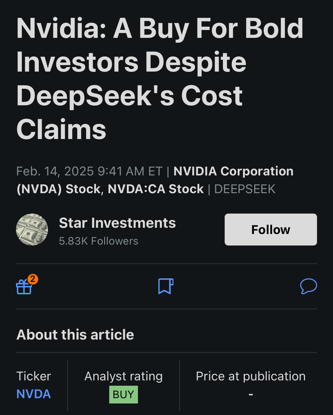 Nvidia: DeepSeek のコスト主張にもかかわらず、大胆な投資家は買い