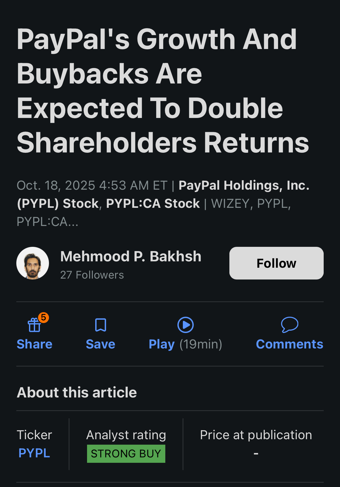 由于PayPal的增长和股票回购，预计股东回报将翻倍。 - moomoo 社区