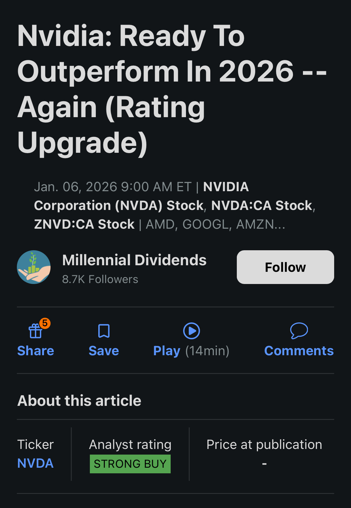$エヌビディア (NVDA.US)$  まとめ – Nvidia Corporation は、圧倒的な AI GPU 市場シェアと大手テクノロジー企業による AI 関連の設備投資の加速により、引き続き中核的な優良企業となっています。 – NVDA の P/E 倍率 41.6 倍という評価は、2027 年度までの EPS 成長率が 56～62% と予測されていることから正当化されるようで、さらなる拡大の可能性を裏付けています。 – AI の CapEx は 2026 年に前年比 50～60% 増加し、そのうち 39% が GPU に割り当てられ、NVDA の売上高と利益率の強化に直接寄与すると予想されています。 – 私は1株当たり190ドルが魅力的な参入点だと考えており、持続的なAI支出の勢いにより、2026年半ばまでに1株当たり210ドル、2027年には1株当たり340ドルを目標としています。 BING-JHEN HONG/iStock Editorial via Getty Images エヌビディア・コーポレーション（[リンク: NVDA]...