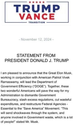 Mr. Musk to be appointed as the head of the Department of Government Efficiency, announced by Mr. Trump