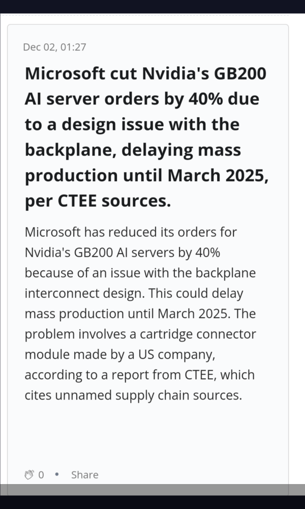 由于微软的背板设计问题，已经减少了40%的Nvidia GB200 Al服务器订单⁉️🤔🤔🤔